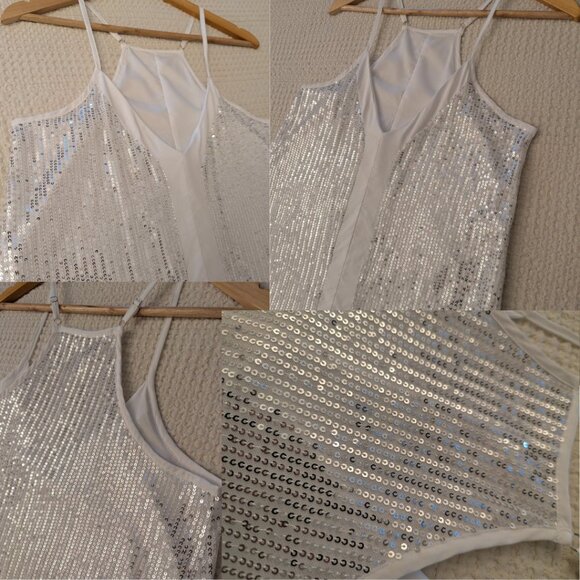 White Sequin Cami Top Fully Lined Adjustable Straps - Picture 6 of 8